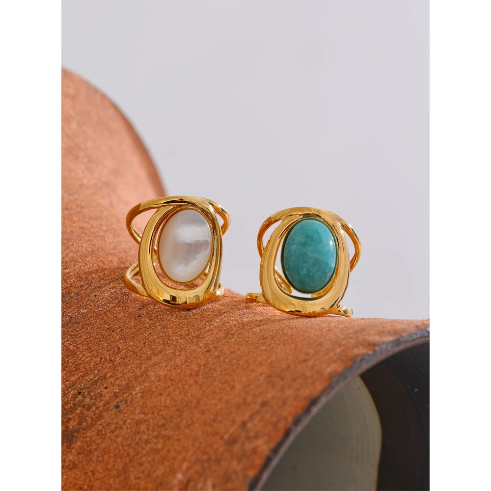 Exquisite Natural Stone Open Adjustable Ring Glossy Stainless Steel PVD Plated Arrivals Jewelry Recommend 2025