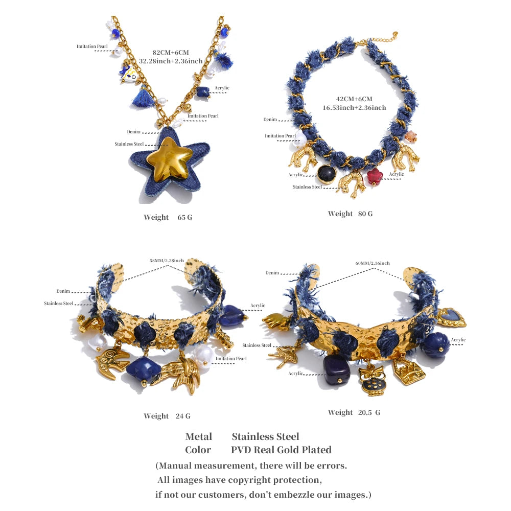 Exclusive Design Blue Denim Heart Star Animal Pendant Necklace Bracelet Bangle Popular Charm Jewelry Autumn & Winter New