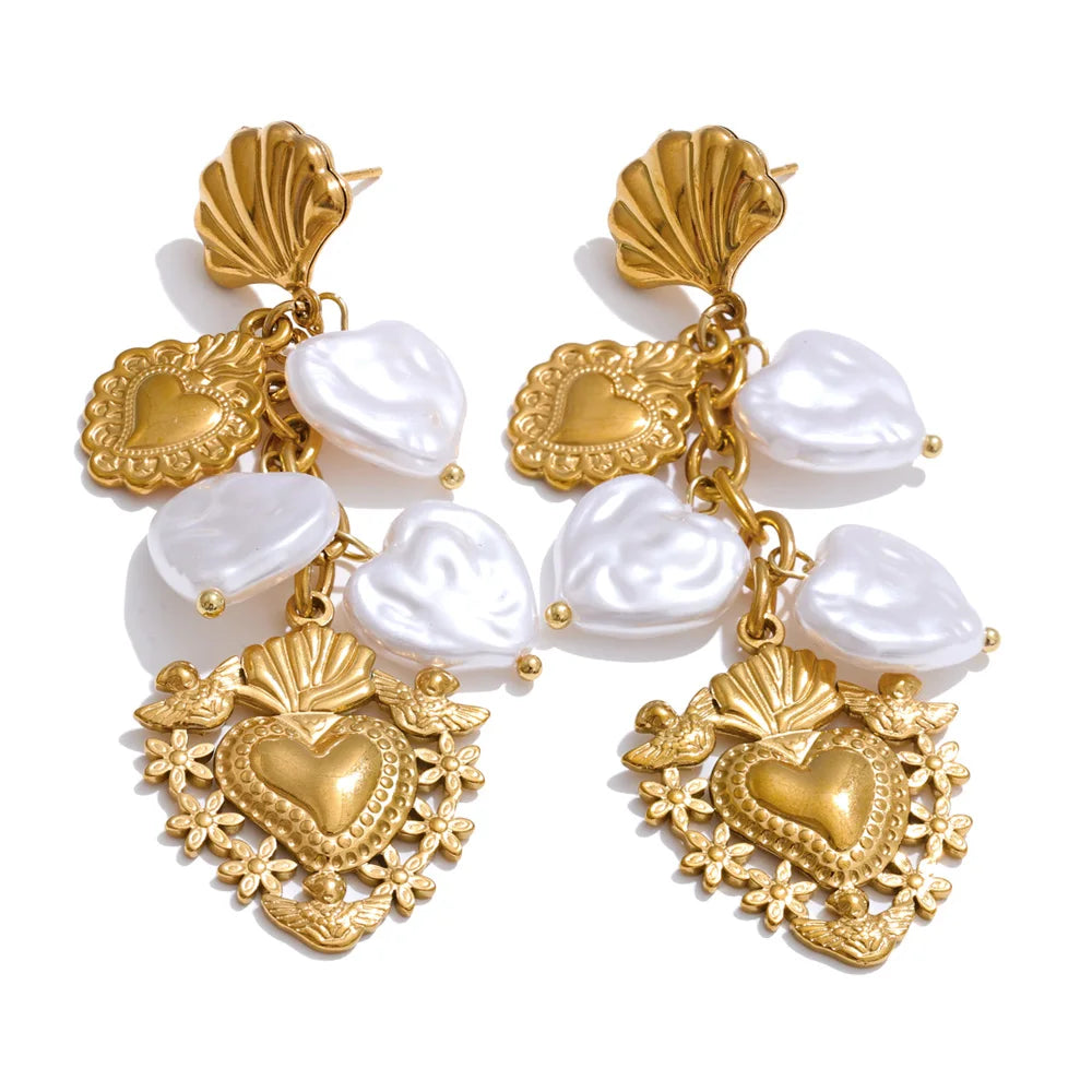 Baroque Imitation Pearls Heart Love Drop Dangle Manual Earrings Golden PVD Plated Stainless Steel Charm Statement Jewelry