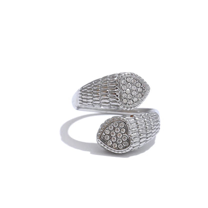 Stylish Adjustable Stainless Steel Zirconia Heart Snake Ring for Women 18K PVD Plated Jewelry New