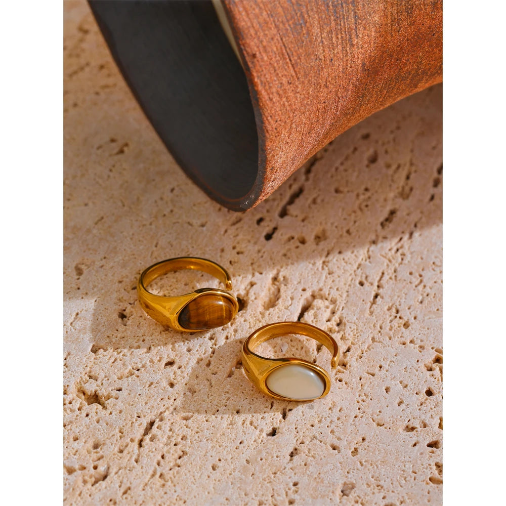 7# Stainless Steel Casting Open Ring Natural Tiger Shell Stone Fritillary Inlaid Trendy Charm Jewelry for Women New