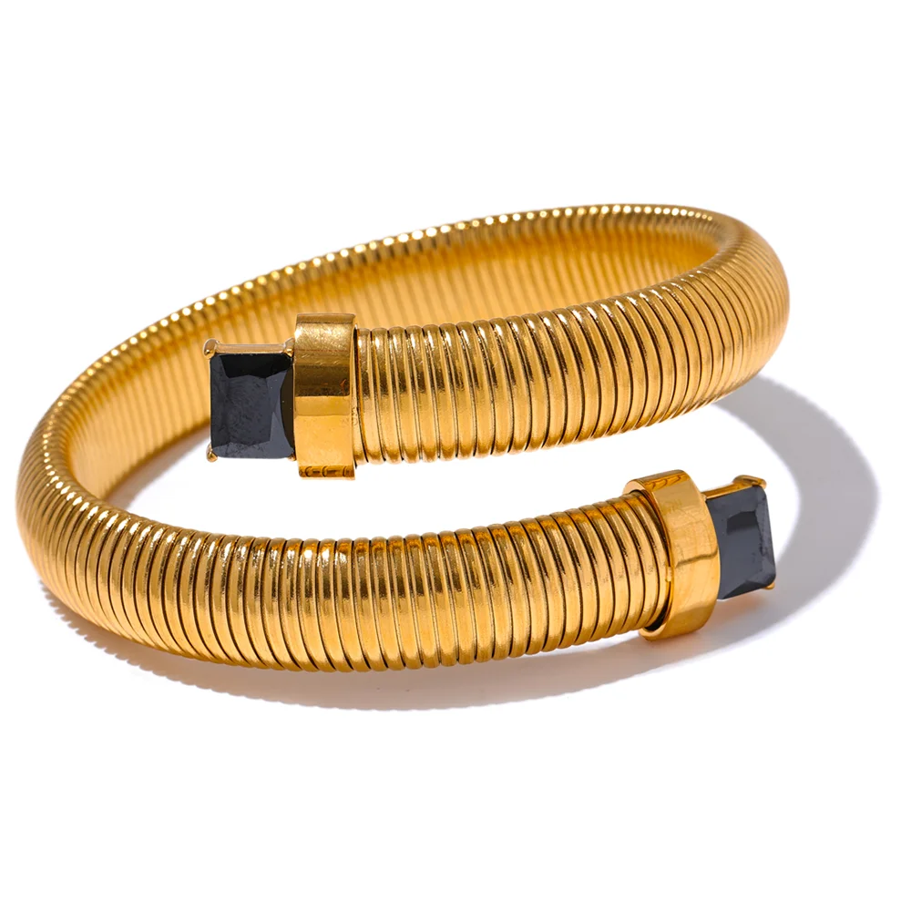 White Green Black Cubic Zirconia Stainless Steel Elastic Trend Metal Statement Bracelet Bangle High Quality Golden Jewelry