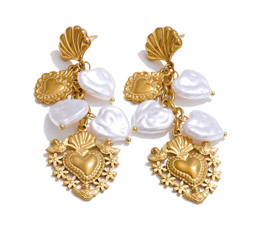 Baroque Imitation Pearls Heart Love Drop Dangle Manual Earrings Golden PVD Plated Stainless Steel Charm Statement Jewelry