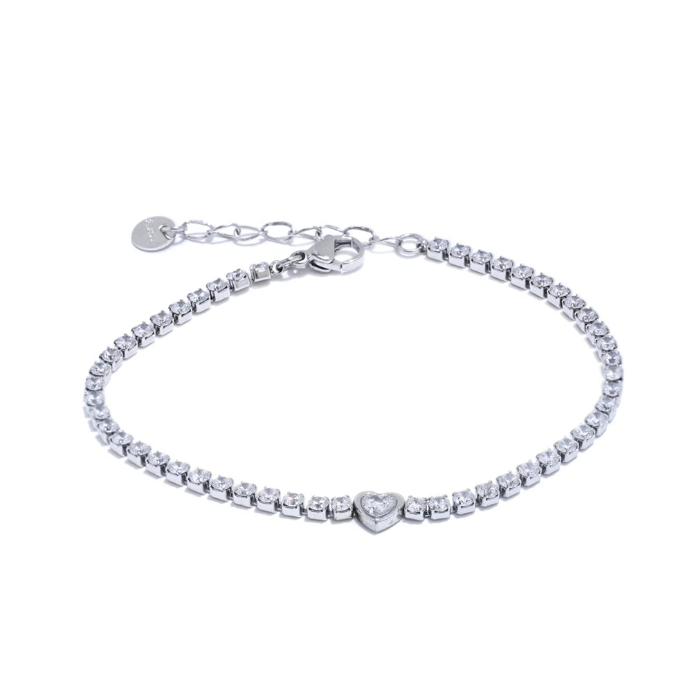 Delicate Bling Cubic Zirconia Heart Chain Bracelet Bangle Exquisite Stainless Steel Shiny Waterproof Wrist Jewelry Gift