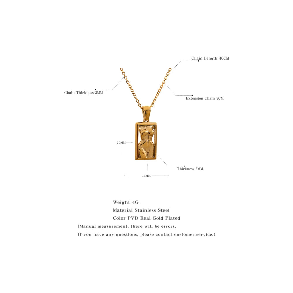 Statement Body Square Pendant Stainless Steel Statement Necklace Gold Color Texture Metal Personalized Jewelry