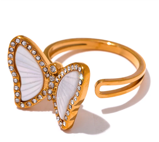Exquisite Natural Shell CZ Stainless Steel Butterfly Ring Inlaid Cubic Zirconia Gold Color Fashion Jewelry Accessories