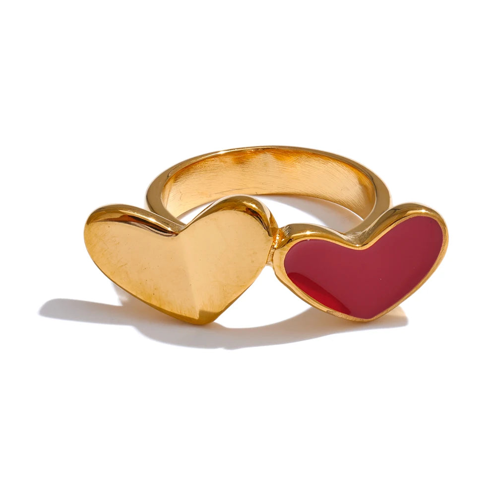678# Stainless Steel Red Enamel Heart Stylish Ring 18K Gold Color Plated Romantic Valentine's Day Gift Smooth Jewelry