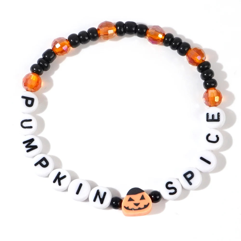 Vibrant Halloween Pumpkin Ghost Handmade Clay Bead Crystal Bracelet - Unique Party Suitable