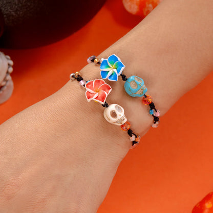 Fashion Halloween Handmade Braided Bracelet for Women Pumpkin Skeleton Skull Big Flower Beaded Bangles Festival Party Jewelry