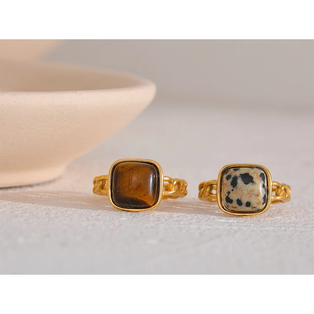 Stainless Steel Natural Stone Open Tiger Ring  for Women Vintage 18K Gold PVD Plated Finger Trendy Jewelry кольца