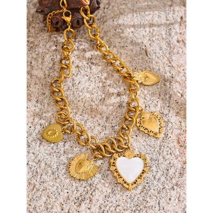 18K Golden Plated Stainless Steel Resin Heart Love Drop Necklace Cuban Chain Texture Charm Popular Jewelry 2025
