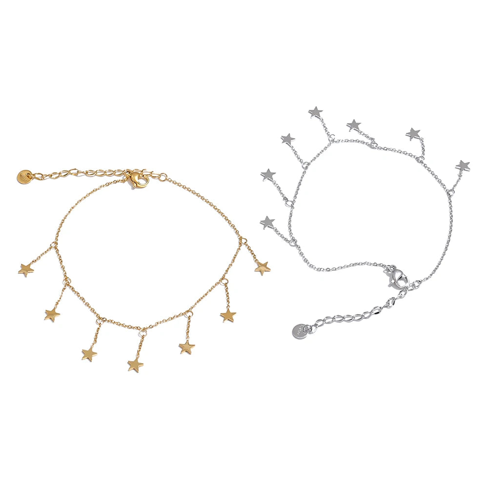 316L Stainless Steel Long Star Chain Anklet Summer Beach Foot Jewelry 18K PVD Plated Waterproof Accessories
