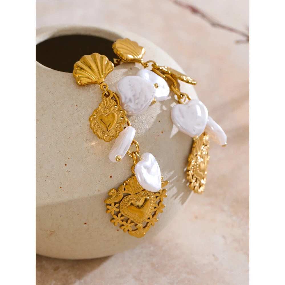 Baroque Imitation Pearls Heart Love Drop Dangle Manual Earrings Golden PVD Plated Stainless Steel Charm Statement Jewelry