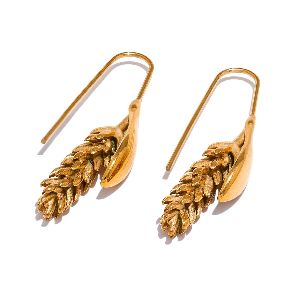 New 316L Stainless Steel Ear of Wheat Fashion Earrings 18K Gold Plated Water Resistant Personal Statement Jewelry Women