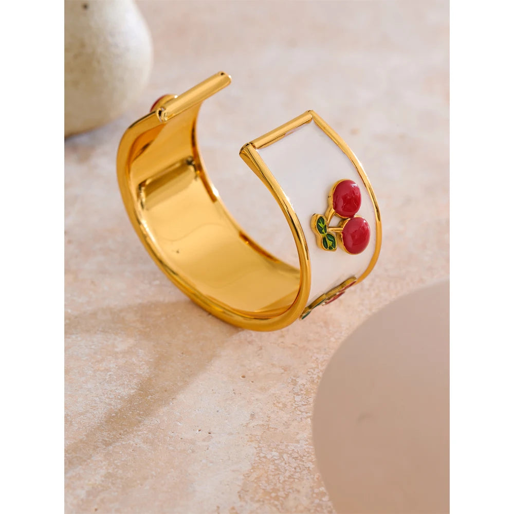 64mm Stainless Steel White Enamel Cherry Shape Cuff Bracelet Bangle Hot Style Exquisite Jewelry Gift