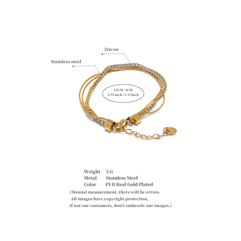 Stainless Steel Shiny Cubic Zirconia Layered Chain Stacking Bracelet Bangle Waterproof Women High Quality Fashion Jewelry