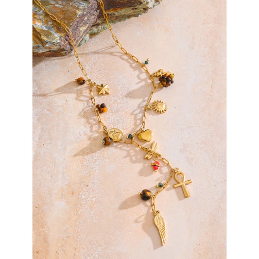 Stainless Steel Natural Stone Dragonfly Wing Cross Heart Pendant Accessorics Drop Short Necklace Handmade Collar Jewelry