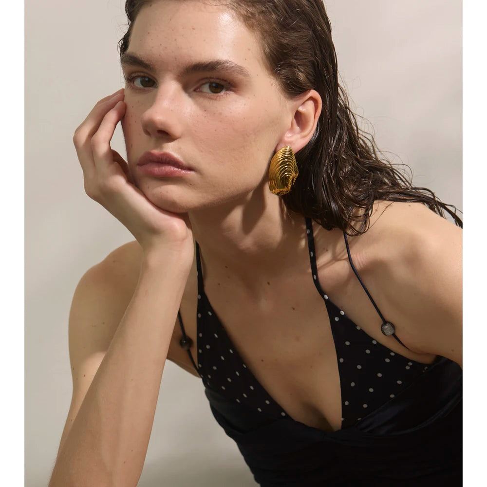 Stainless Steel Statement Gold Color PVD Plated Big Stud Earrings for Women Jewelry Waterproof Charm Fashion Accessories