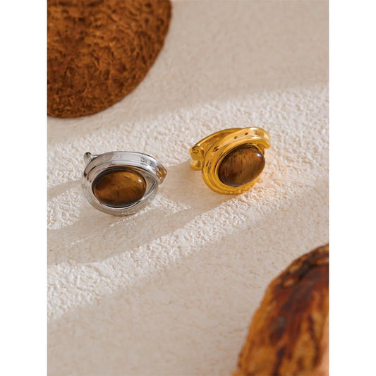 Popular Stainless Steel Natural Tiger Stone Finger Ring Gold Silver Color Waterproof Geometric Charm Jewelry