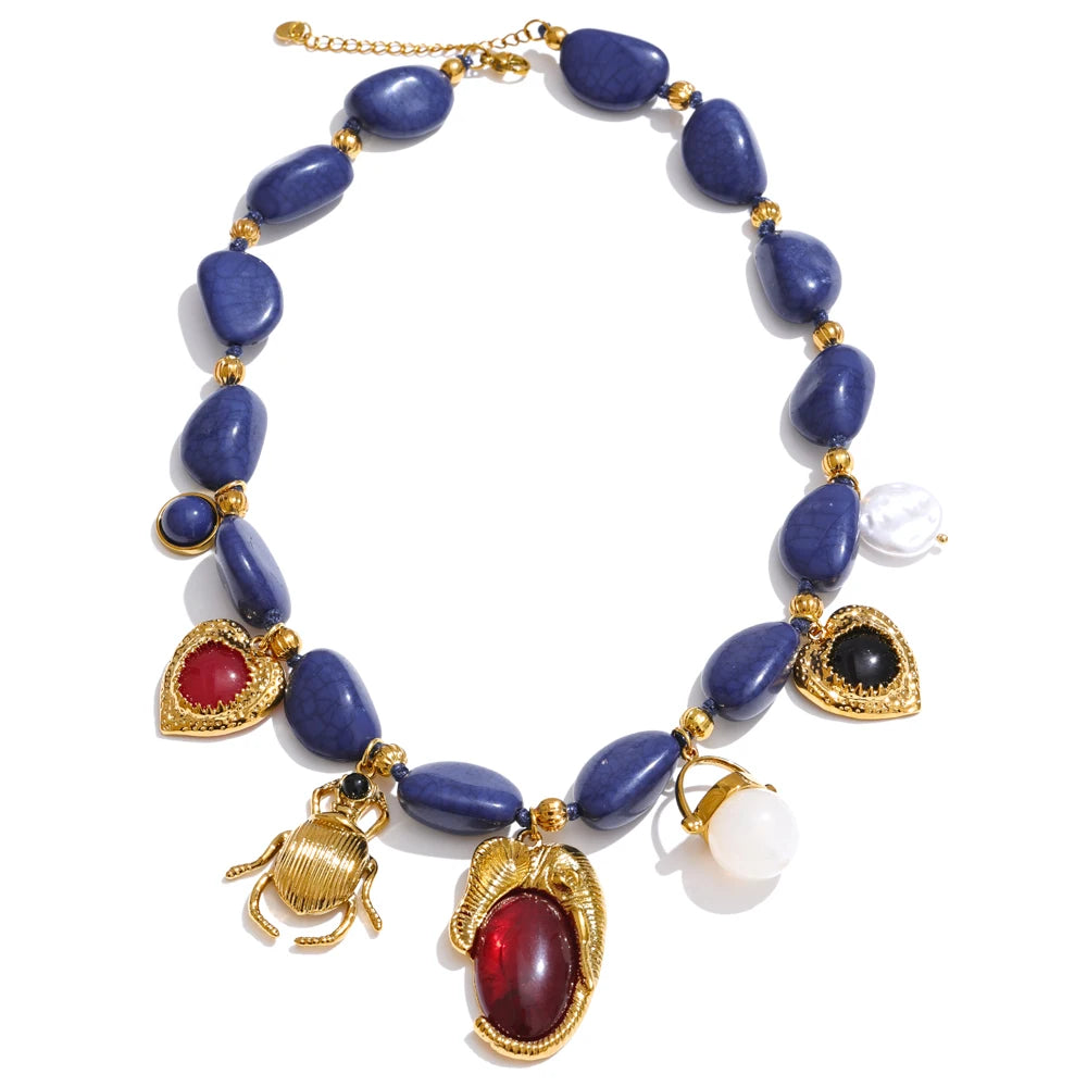 Stylish Unique Blue Acrylic Chain Pearl Heart Insect Drop Necklace Earrings Stainless Steel Charm Handmade Jewelry Gift