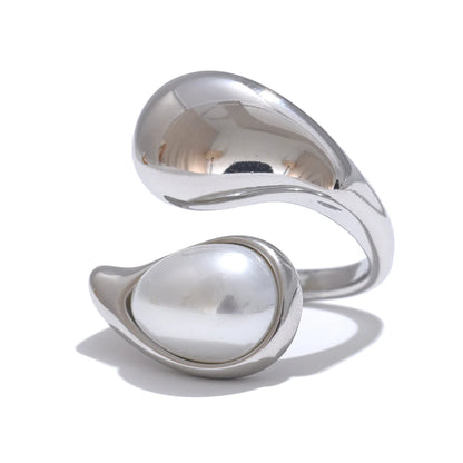 Fashion Imitation Pearl Water Drop Finger Adjustable Ring Women 316L Stainless Steel Elegant Gold Platinum Plated Jewelry