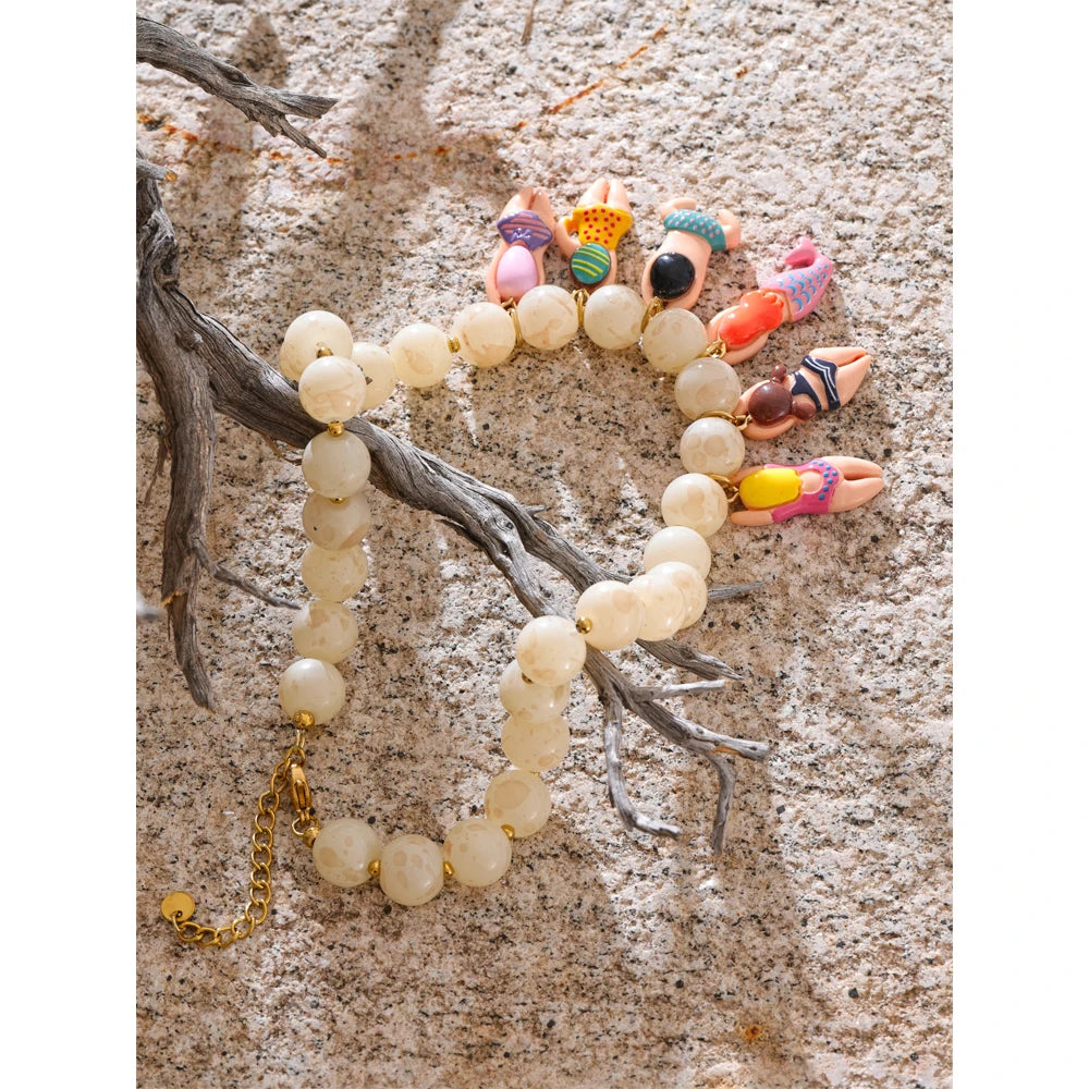 Stylish Unique Handmade Jewelry Glass Imitation Stone Beads Chain Resin Bikini Doll Drop Creative Necklace Accessories