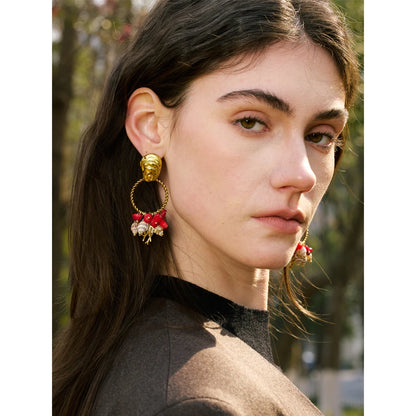 Ocean Holiday Red Stone Shell Conch Drop Dangle Earrings 316L Stainless Steel Summer Beach Golden Jewellery
