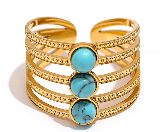 Natural Turquoise Stone Stainless Steel Ring Summer Bohemia Woman Jewelry  Trendy Cheap Open Finger Ring Accessory