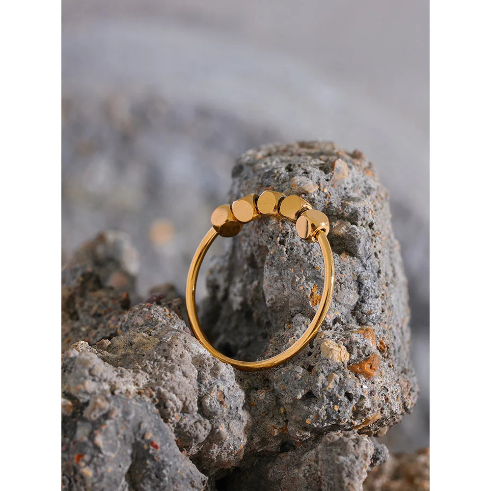 Stainless Steel Square Beads Ring Women Fashion Thin Metal Gold Silver Color Summer Rust Proof Finger Jewelry Anneaux