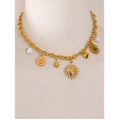 Summer Sun Heart Drop Charms Necklace Trendy Stainless Steel Handmade Collar Golden PVD Jewelry Waterproof for Women