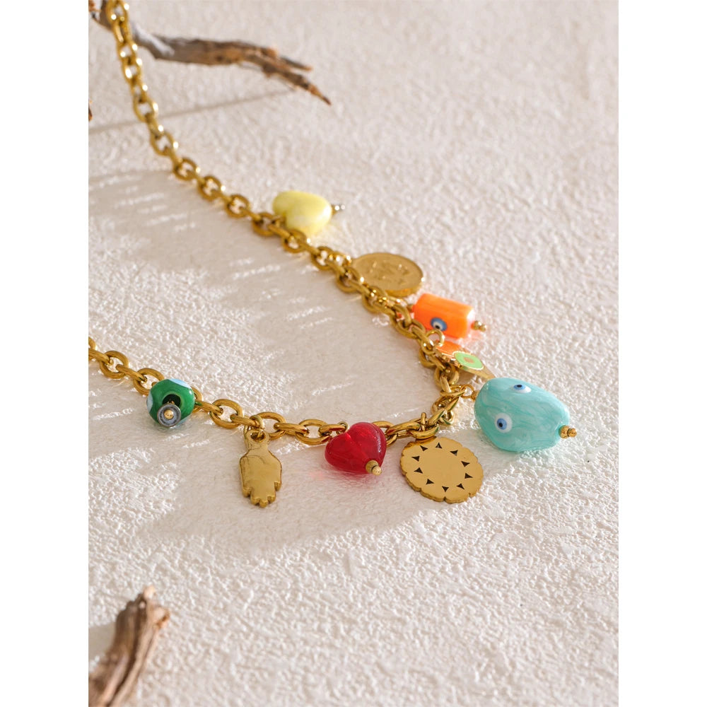 Trendy Stainless Steel Ceramic Eye Heart Charms Pendant Drop Necklace Golden PVD Plated Fashion Collar Charm Jewelry Gift