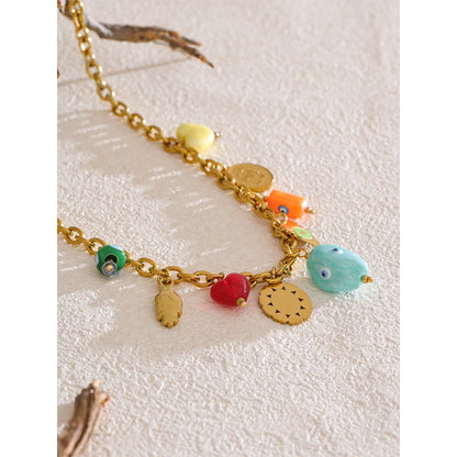 Trendy Stainless Steel Ceramic Eye Heart Charms Pendant Drop Necklace Golden PVD Plated Fashion Collar Charm Jewelry Gift