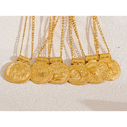 Exclusive Waterproof 12 Constellation Pendant Necklace Stainless Steel Hammered Vintage Golden 18K Plated Fashion Jewelry