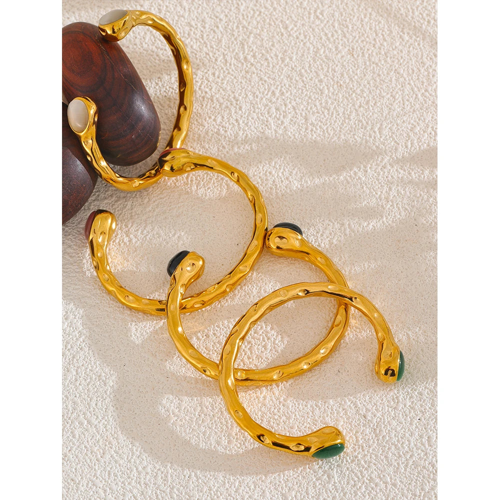 62mm High Quality Stainless Steel Multicolored Natural Stone Golden Cuff Open Bracelet Bangle Water Resistant Jewelry