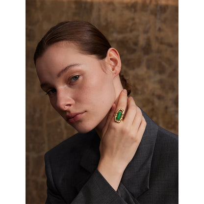 Natural Stone Green Agate Cuff Open Adjustable Ring 18K PVD Plated Stainless Steel Golden Fashion Finger Jewelry Gift