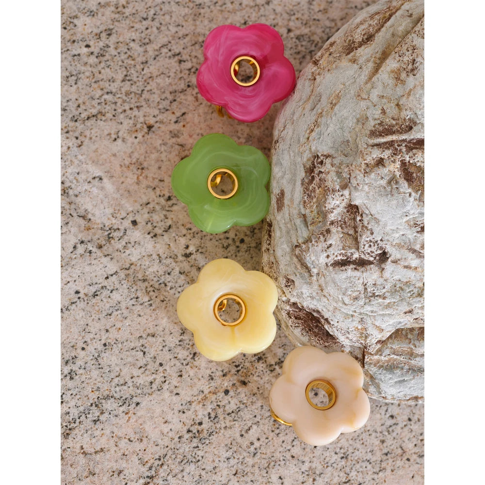 Pink Green Yellow Grey Thick Resin Flower Adjustable Ring 18K Golden Plated Stainless Steel Y2K Arrivals Popular Jewelry