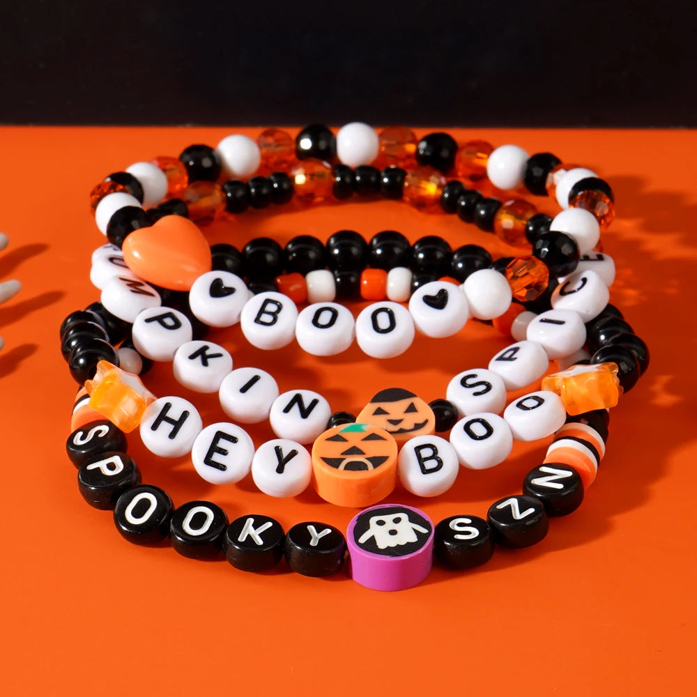 Vibrant Halloween Pumpkin Ghost Handmade Clay Bead Crystal Bracelet - Unique Party Suitable