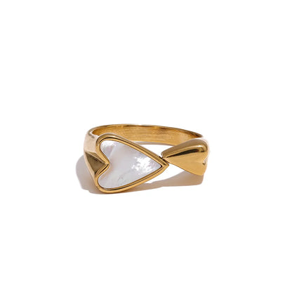 Shell Acrylic Heart Stainless Steel Stylish Ring for Women Charms Metal Texture Waterproof Golden Jewelry Gala Gift