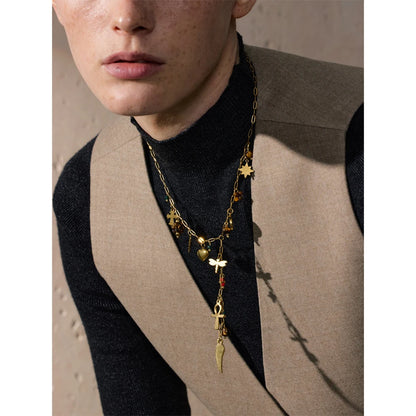 Stainless Steel Natural Stone Dragonfly Wing Cross Heart Pendant Accessorics Drop Short Necklace Handmade Collar Jewelry