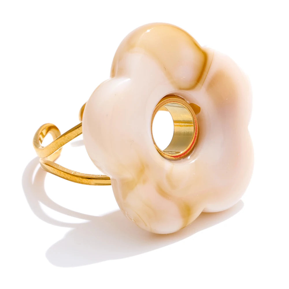 Pink Green Yellow Grey Thick Resin Flower Adjustable Ring 18K Golden Plated Stainless Steel Y2K Arrivals Popular Jewelry