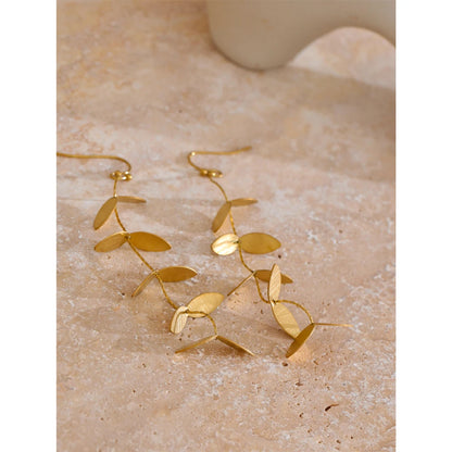 Vintage Retro Old Stainless Steel Leaf Long Hanging Drop Earrings PVD Plated Prevent Allergy Metal Stylish  Jewelry France