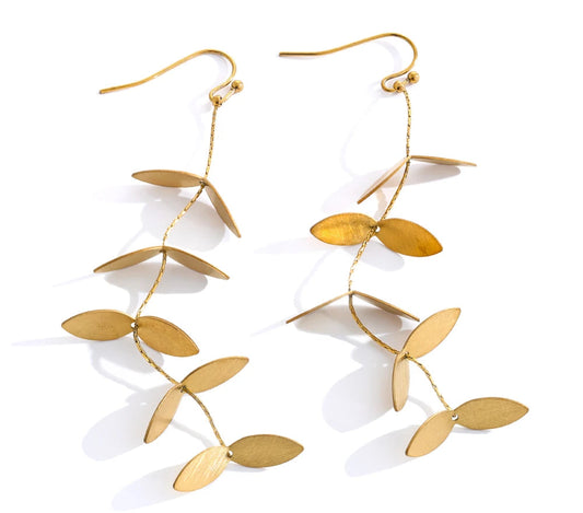 Vintage Retro Old Stainless Steel Leaf Long Hanging Drop Earrings PVD Plated Prevent Allergy Metal Stylish  Jewelry France