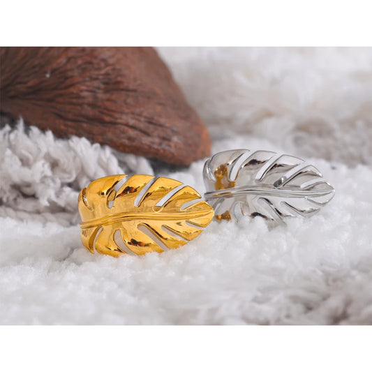 Stylish Design Stainless Steel Metal Leaf Leaves Open Ring Rust Proof Individualistic Fashion Jewelry Water Resistant Gift