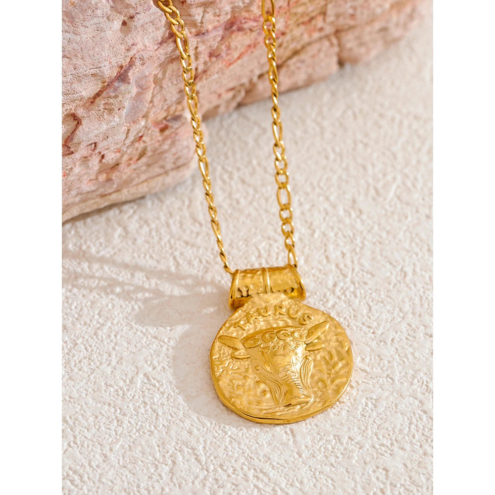 Exclusive Waterproof 12 Constellation Pendant Necklace Stainless Steel Hammered Vintage Golden 18K Plated Fashion Jewelry