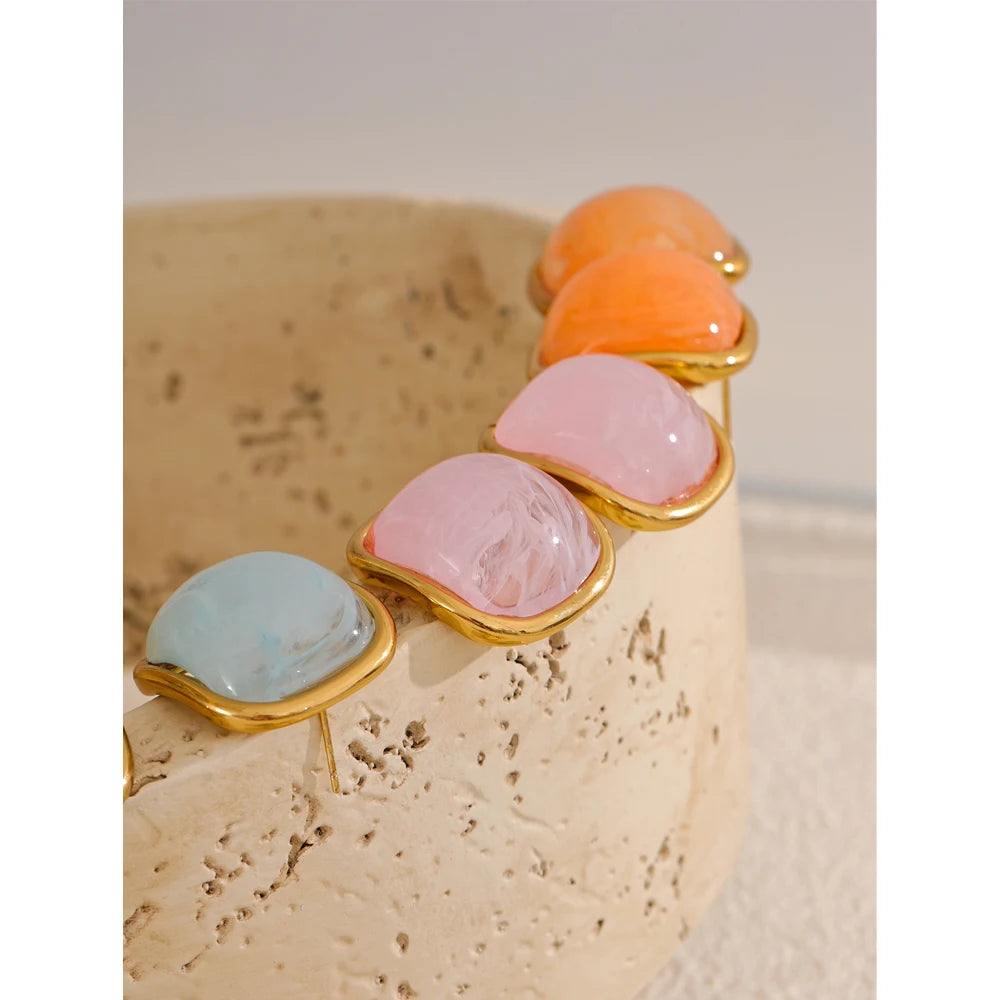 Y2K Colorful Resin Square Golden Stud Earrings Women Summer Stainless Steel 18k Plated Candy Charm Jewelry Waterproof