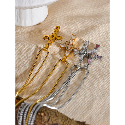 Delicate Colorful Bling Cubic Zirconia Cross Pendant Stainless Steel Luxury Necklace High-Grade Fashion Shiny Jewelry Gift