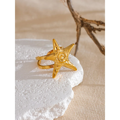 316L Stainless Steel Starfish Open Ring Adjustable 18K Gold PVD Plated Metal Summer Personalized Jewelry for Holiday