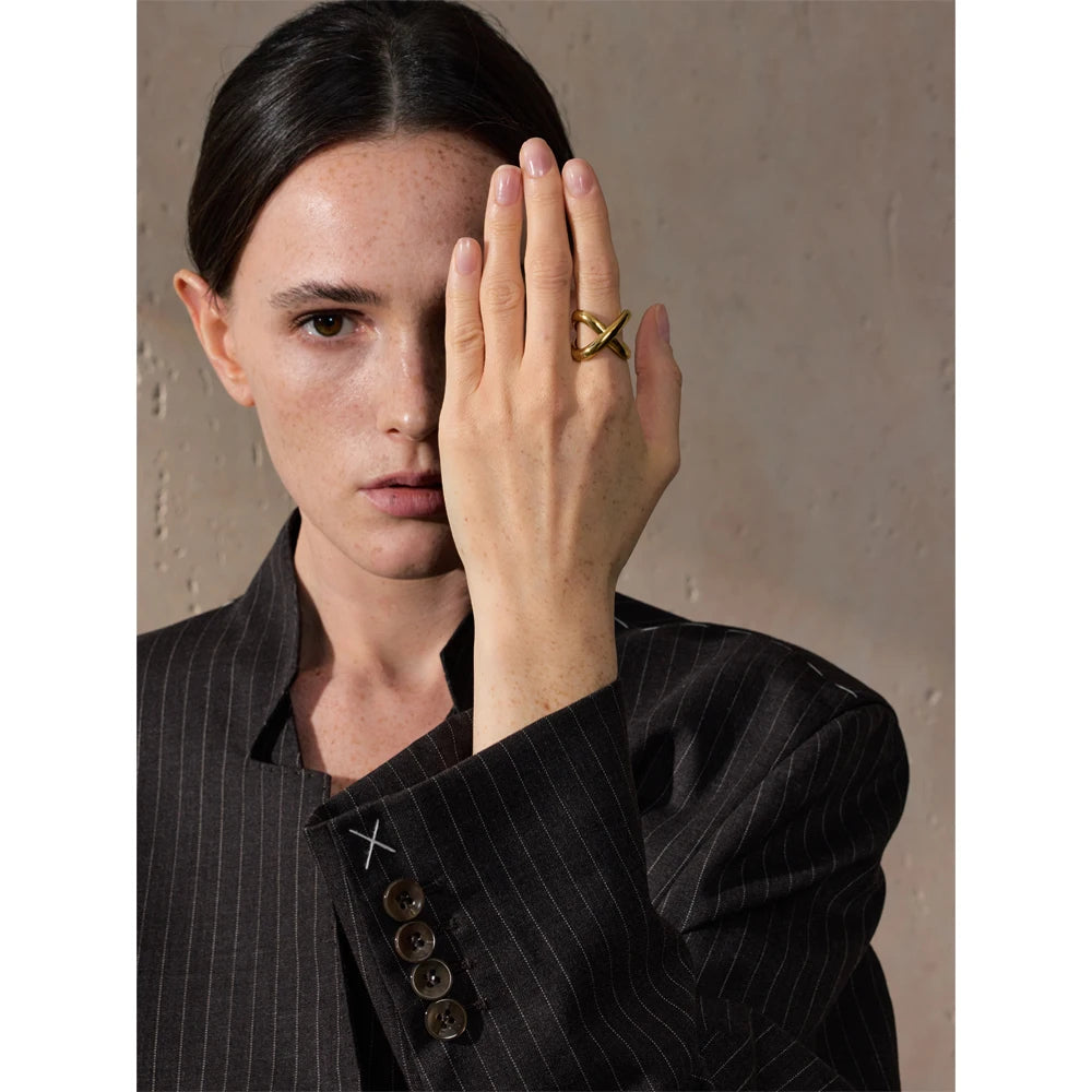 6789# PVD Plated Statement Stainless Steel X-Shape Geometric Finger Ring Waterproof Smooth Metal Handmade Polished Jewelry