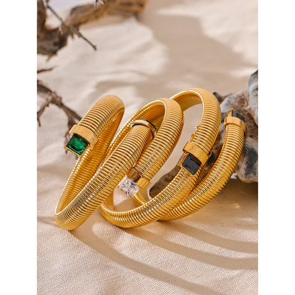 White Green Black Cubic Zirconia Stainless Steel Elastic Trend Metal Statement Bracelet Bangle High Quality Golden Jewelry