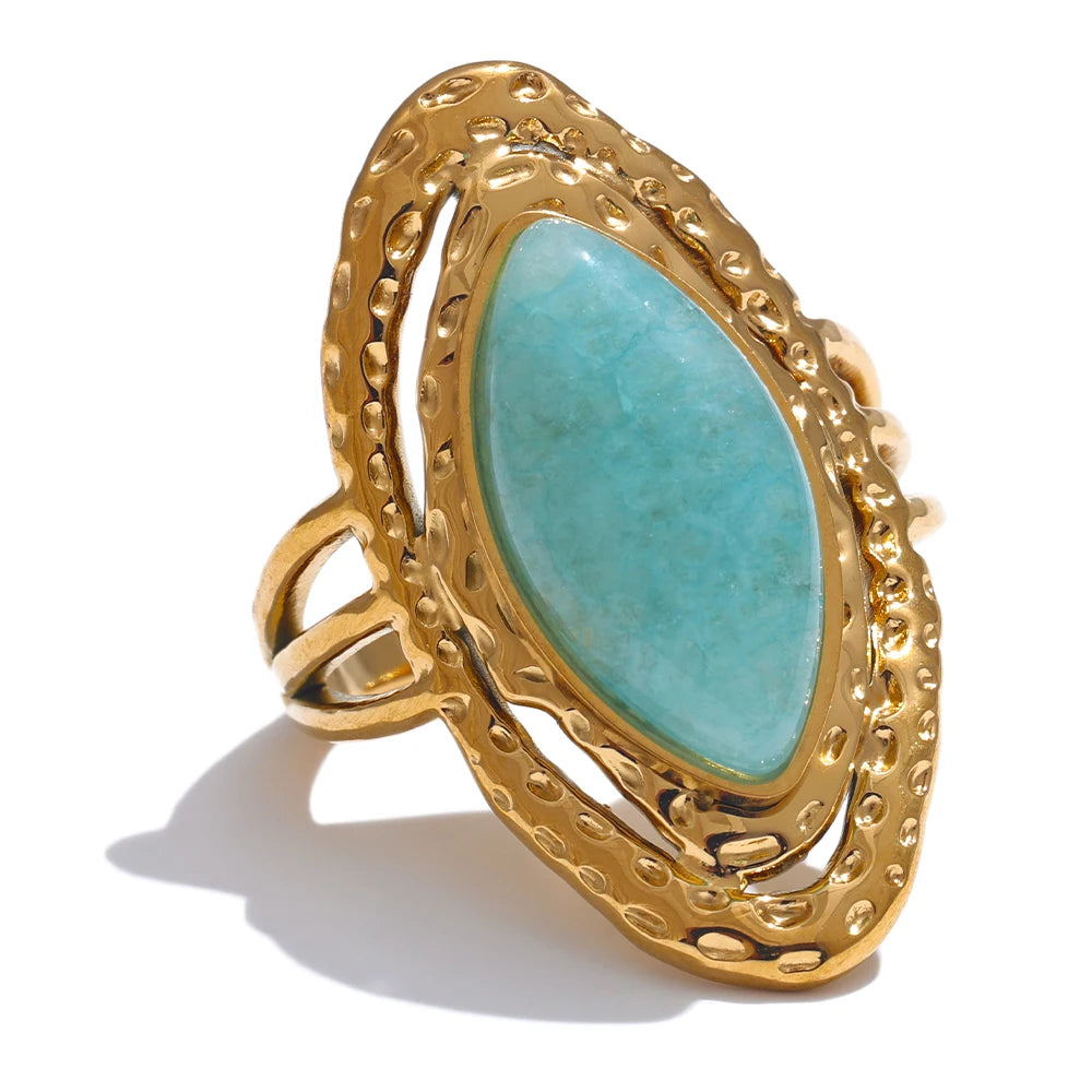 Green Natural Stone Fashion Open Ring Adjustable Stainless Steel Golden Geometric Daily Statement Jewelry Accessories Gift